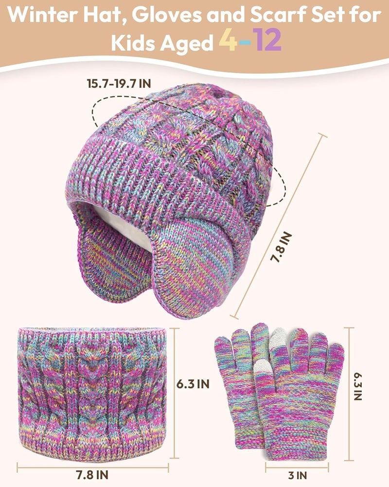 EAONE Kids Winter Hat Gloves Scarf Set,Toddler Girls Boys Beanie Hat with Earflaps,Knit Mittens & Neck Gaiter Warmer for Kids 4-12 - Image 5